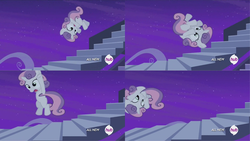 Size: 5121x2882 | Tagged: safe, screencap, sweetie belle, pony, unicorn, for whom the sweetie belle toils, g4, animation error, comic, falling, falling downstairs, female, filly, it keeps happening, modular
