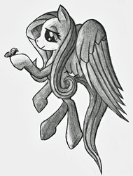 Size: 533x700 | Tagged: safe, artist:timid tracks, fluttershy, butterfly, g4, female, grayscale, monochrome, solo, traditional art