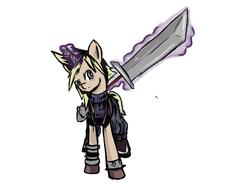 Size: 1890x1417 | Tagged: safe, artist:ehherinn, pony, buster sword, cloud strife, final fantasy, final fantasy vii, ponified, solo, sword, weapon