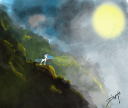 Size: 738x623 | Tagged: safe, artist:anonbrony34ify, princess celestia, g4, beautiful, female, mountain, painting, scenery, silhouette, sky, solo, sun