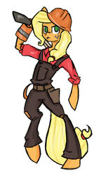 Size: 512x832 | Tagged: safe, artist:ehherinn, applejack, earth pony, semi-anthro, g4, crossover, engineer, engineer (tf2), female, simple background, solo, team fortress 2, weapon