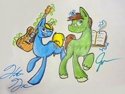 Size: 1080x810 | Tagged: safe, artist:ehherinn, pony, unicorn, book, duo, glasses, guitar, hank green, john green, magic, ponified, quill, signature, telekinesis, unshorn fetlocks, vlogbrothers