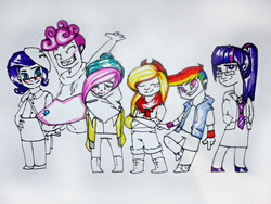 Size: 1564x1173 | Tagged: safe, artist:ehherinn, applejack, fluttershy, pinkie pie, rainbow dash, rarity, twilight sparkle, human, g4, black and white, chibi, clothes, glasses, grayscale, humanized, jumping, mane six, monochrome, necktie, partial color, scarf, wristband