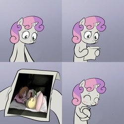 Size: 1024x1024 | Tagged: safe, sweetie belle, g4, blushing, clannad, comic, crush, exploitable meme, female, furukawa nagisa, happy, hug, lesbian, meme, paper, perverse sexual lust, sweetie hugs a note, sweetie's note meme, waifu