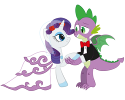 Size: 1280x1024 | Tagged: safe, artist:raggyrabbit94, rarity, spike, dragon, pony, unicorn, g4, adult, adult spike, clothes, dress, female, male, mare, older, older spike, ship:sparity, shipping, simple background, straight, suit, transparent background, wedding, wedding dress, winged spike, wings