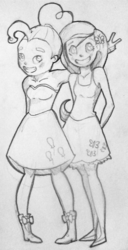 Size: 1444x2811 | Tagged: safe, artist:ehherinn, fluttershy, pinkie pie, human, g4, bunny ears, clothes, humanized, monochrome, skirt, strapless, tank top, traditional art