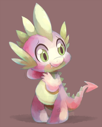 Size: 825x1029 | Tagged: safe, artist:sharmie, spike, dragon, g4, arm behind head, baby, baby dragon, cute, fangs, green eyes, male, nervous, shadow, signature, simple background, smiling, solo, spikabetes