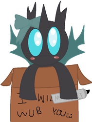 Size: 585x775 | Tagged: safe, artist:greengrassdrawer, oc, oc only, changeling, bow, box, changeling in a box, cute, marker, solo