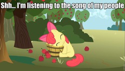 Size: 960x540 | Tagged: safe, apple bloom, g4, apple, basket, female, image macro, meme, solo, song of my people
