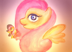 Size: 3126x2241 | Tagged: safe, artist:nataliecartman, fluttershy, pegasus, pony, g4, bust, female, figurine, high res, mare, painting, portrait, side view, solo, spread wings, traditional art, wings