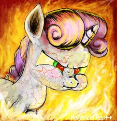 Size: 2305x2382 | Tagged: safe, artist:hereticalrants, sweetie belle, for whom the sweetie belle toils, g4, female, fire, high res, puffy cheeks, pyro belle, scrunchy face, solo, vein