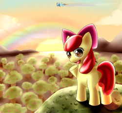 Size: 3030x2807 | Tagged: safe, artist:dyoung, apple bloom, rainbow dash, earth pony, pegasus, pony, g4, adorabloom, cute, duo, female, filly, flying, high res, lens flare, mare, orchard, rainbow, solo focus, sunrise