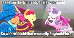 Size: 960x487 | Tagged: safe, edit, edited screencap, screencap, apple bloom, scootaloo, sweetie belle, fanfic:cheerilee's garden, for whom the sweetie belle toils, g4, caption, clothes, costume, cutie mark crusaders, dress, fanfic, fanfic art, image macro, meme, play, quote, this will end in tears and/or death
