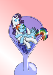 Size: 2484x3496 | Tagged: safe, artist:heartshielder1991, rainbow dash, rarity, pony, g4, cuddling, cup of pony, female, glass, high res, lesbian, micro, ship:raridash, shipping, sleeping, snuggling