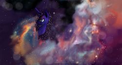 Size: 1916x1029 | Tagged: safe, artist:greyscaleart, princess luna, g4, bedroom eyes, female, night, portrait, pretty, princess, profile, smiling, solo, space, stars