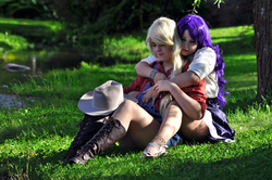 Size: 1608x1068 | Tagged: safe, artist:iichan, artist:millan93, applejack, rarity, human, g4, cosplay, female, from behind, grass, irl, irl human, lesbian, photo, ship:rarijack, shipping, sitting, water