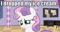 Size: 634x344 | Tagged: safe, sweetie belle, g4, crying, female, ice cream, image macro, impact font, meme, sad, scrunchy face, solo