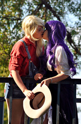 Size: 720x1104 | Tagged: safe, artist:iichan, artist:millan93, applejack, rarity, human, g4, cosplay, female, irl, irl human, kiss on the lips, kissing, lesbian, photo, ship:rarijack, shipping