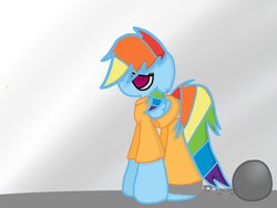 Size: 1024x768 | Tagged: safe, artist:derpydash9115, rainbow dash, pegasus, pony, g4, ball and chain, clothes, female, prison outfit, solo
