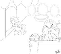 Size: 1280x1120 | Tagged: safe, artist:drakxs, rarity, sweetie belle, g4, carousel boutique, monochrome, sketch