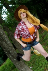 Size: 643x960 | Tagged: safe, artist:rikativity, applejack, human, g4, boots, bucking, clothes, cosplay, cowboy hat, hat, irl, irl human, photo, shorts, solo