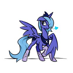 Size: 1280x1280 | Tagged: safe, artist:spurkeht, princess luna, alicorn, pony, g4, clothes, ears back, female, heart, jewelry, mare, peytral, raised hoof, s1 luna, shy, simple background, socks, solo, spread wings, tiara, white background, wings