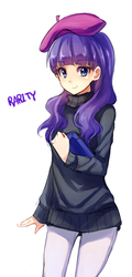 Size: 529x1102 | Tagged: safe, artist:re_ghotion, rarity, human, g4, beatnik rarity, beret, clothes, female, hat, humanized, solo, sweater