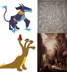 Size: 500x538 | Tagged: safe, ahuizotl, hydra, g4, comparison, irl, multiple heads, mythology, painting