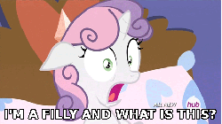 Size: 480x270 | Tagged: safe, edit, edited screencap, screencap, sweetie belle, pony, unicorn, for whom the sweetie belle toils, g4, animated, caption, female, image macro, meme, pillow, solo, text