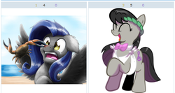 Size: 514x274 | Tagged: safe, octavia melody, oc, crab, pegasus, pony, derpibooru, g4, exploitable meme, juxtaposition, juxtaposition win, meme, meta