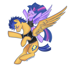 Size: 1024x1092 | Tagged: safe, artist:dragonfoxgirl, flash sentry, twilight sparkle, alicorn, pony, g4, blushing, cheering, clothes, female, grin, male, mare, ship:flashlight, shipping, shirt, simple background, smiling, straight, torn clothes, transparent background, twilight sparkle (alicorn)