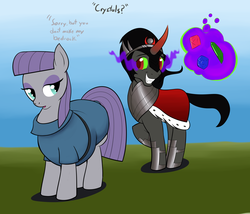 Size: 2033x1739 | Tagged: safe, artist:calorie, king sombra, maud pie, earth pony, pony, umbrum, unicorn, g4, boulder buns, butt, chubby, clothes, crown, crystal, cute, dialogue, dress, duo, duo male and female, fat, female, flirting, grin, jewelry, magic, male, mare, maud pudge, plot, pun, raised hoof, regalia, rock joke, smiling, sombradorable, squee, stallion, standing, telekinesis, the ass was fat