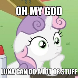 Size: 500x500 | Tagged: safe, edit, edited screencap, screencap, sweetie belle, pony, unicorn, for whom the sweetie belle toils, g4, ponyville confidential, cropped, female, filly, floppy ears, hoof on chin, image macro, meme, solo, sudden clarity sweetie belle