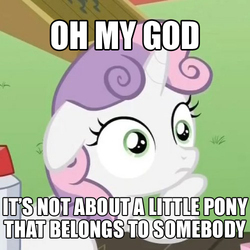 Size: 500x500 | Tagged: safe, edit, edited screencap, screencap, sweetie belle, g4, ponyville confidential, cropped, female, floppy ears, hoof on chin, image macro, meme, meta, solo, sudden clarity sweetie belle