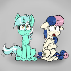 Size: 850x850 | Tagged: safe, artist:ichibangravity, bon bon, lyra heartstrings, sweetie drops, g4, bon bon is not amused, chest fluff, duo, ear fluff, fluffy, open mouth, shocked, sitting, smiling, tail wag, unshorn fetlocks, varying degrees of want