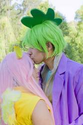 Size: 639x960 | Tagged: safe, artist:kaiilyn, artist:xianliao, fluttershy, spike, human, g4, cosplay, female, irl, irl human, kissing, male, photo, ship:flutterspike, shipping, straight