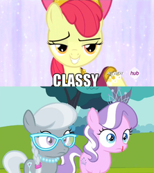 Size: 957x1077 | Tagged: safe, apple bloom, diamond tiara, silver spoon, g4, meme, nosebleed