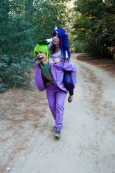 Size: 639x960 | Tagged: safe, artist:xianliao, spike, twilight sparkle, human, g4, carrying, clothes, cosplay, day, irl, irl human, mouth hold, photo, piggyback ride, suit