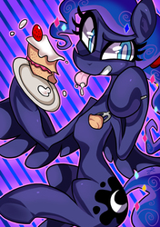 Size: 558x791 | Tagged: safe, artist:kaliptro, princess luna, g4, cake, female, fork, plate, solo, tongue out