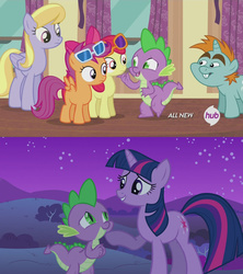 Size: 1920x2160 | Tagged: safe, edit, screencap, apple bloom, cloud kicker, scootaloo, snips, spike, twilight sparkle, dragon, earth pony, pegasus, pony, unicorn, for whom the sweetie belle toils, g4, owl's well that ends well, season 1, season 4, bush, cheering up, chin up, colt, comparison, compassion, curtains, female, filly, hill, hub logo, male, mare, night, stars, sunglasses, unicorn twilight, window