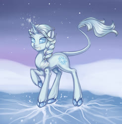 Size: 2200x2240 | Tagged: safe, artist:misukitty, classical unicorn, pony, unicorn, cloven hooves, cracking, crossover, disney, elsa, frozen (movie), high res, horn, ice, leonine tail, magic, pond, ponified, snow, snowfall, solo, water