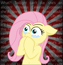 Size: 1767x1813 | Tagged: safe, artist:knight-of-bacon, fluttershy, pegasus, pony, g4, belly button, bipedal, crying, female, implied death, implied twilight sparkle, mare, mortality blues, solo, wall of text