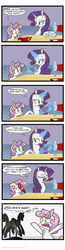 Size: 993x3833 | Tagged: dead source, safe, artist:lolepopenon, rarity, sweetie belle, pony, unicorn, for whom the sweetie belle toils, g4, comic, duo, magic, project runway, ribbon, scene interpretation, scene parody