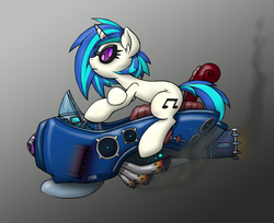 Size: 800x653 | Tagged: safe, artist:dfectivedvice, artist:longren, color edit, edit, dj pon-3, vinyl scratch, g4, colored, ear fluff, female, hoverbike, riding, solo