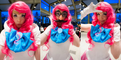 Size: 1920x960 | Tagged: safe, artist:noofcoursenot, artist:pookiebearcosplay, pinkie pie, human, g4, 2013, clothes, convention, cosplay, costume, crossover, gloves, groucho mask, irl, irl human, photo, sailor pinkie pie, sailor senshi, sakura con, solo