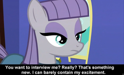 Size: 1600x973 | Tagged: safe, maud pie, earth pony, pony, comic:celestia's servant interview, g4, caption, cs captions, excited, female, interview, mare, meta, solo