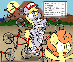 Size: 1224x1036 | Tagged: safe, artist:xylophon, carrot top, derpy hooves, golden harvest, missingno, pegasus, pony, g4, bicycle, crossover, cute, derp, female, glitch, mare, pokémon, silly, tongue out, wat