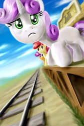 Size: 2695x4000 | Tagged: safe, artist:nekokevin, apple bloom, scootaloo, sweetie belle, earth pony, pegasus, pony, unicorn, g4, cutie mark crusaders, frown, sky, train station, train tracks