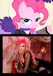 Size: 540x774 | Tagged: safe, screencap, pinkie pie, g4, over a barrel, clothes, comparison, dress, lady marmalade, moulin rouge, music video, pink, puffy sleeves, saloon dress, saloon pinkie, youtube