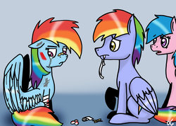 Size: 1024x729 | Tagged: safe, artist:lrusu, firefly, rainbow blaze, rainbow dash, g1, g4, bandage, bruised, ship:fireblaze